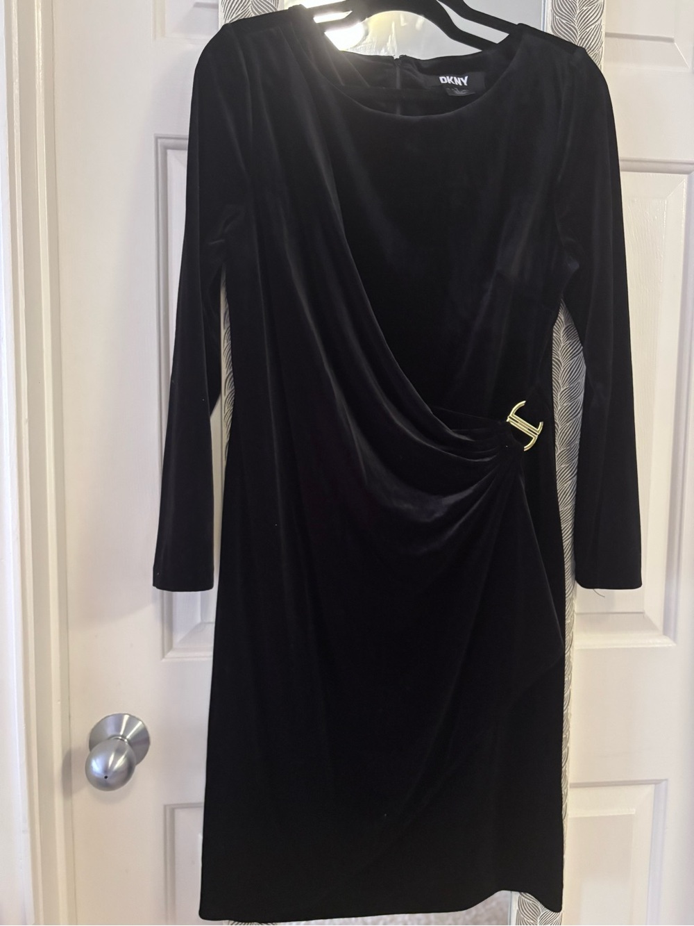 DKNY Black Velvet Long-Sleeve Draped Dress with Gold Accent
